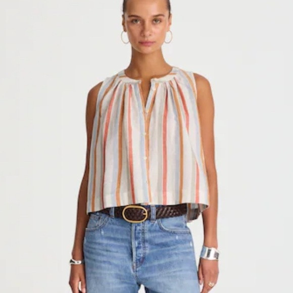 Madewell Button-Front Tank in Linen-Cotton brown Red Blue Stripe - Picture 2 of 6